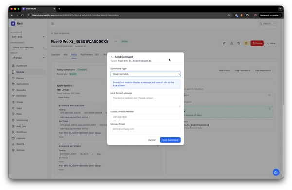 Send command dialog for remote lock with custom message and contact details
