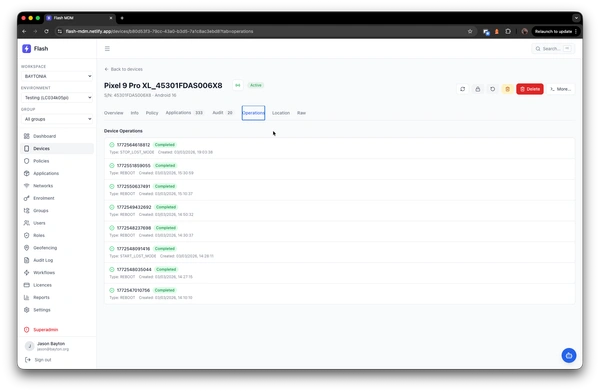 Device operations history with completed commands and status tracking