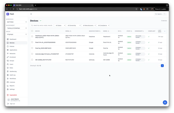 Device inventory with filtering, status indicators, and bulk actions