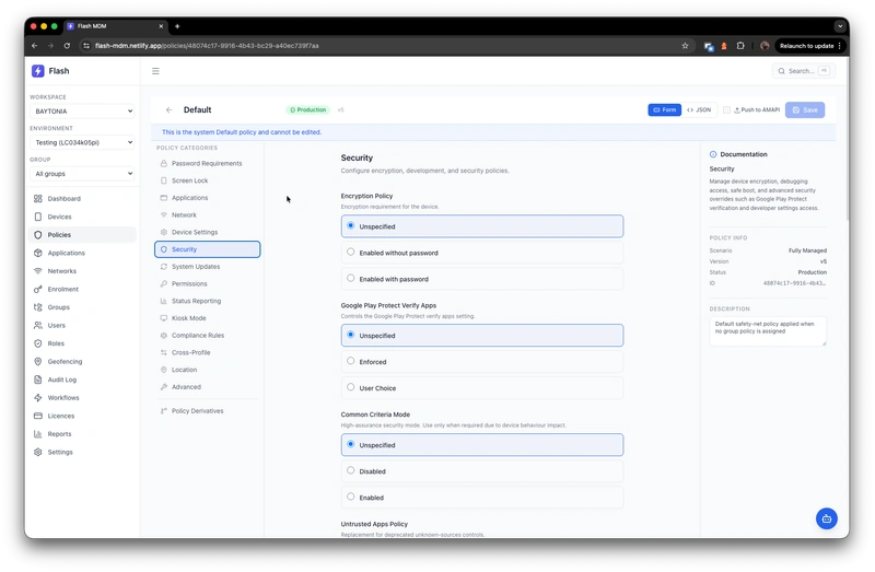 Visual policy editor with collapsible sections for security, device settings, applications, and network configuration