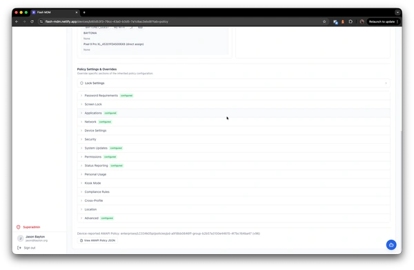Policy settings and overrides with configurable sections including lock settings, password, and kiosk mode