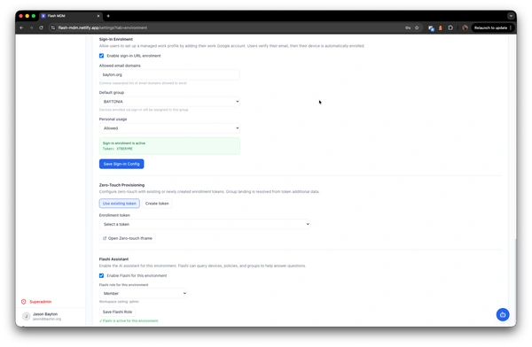 Sign-in enrolment and zero-touch provisioning configuration with Flashi AI assistant toggle