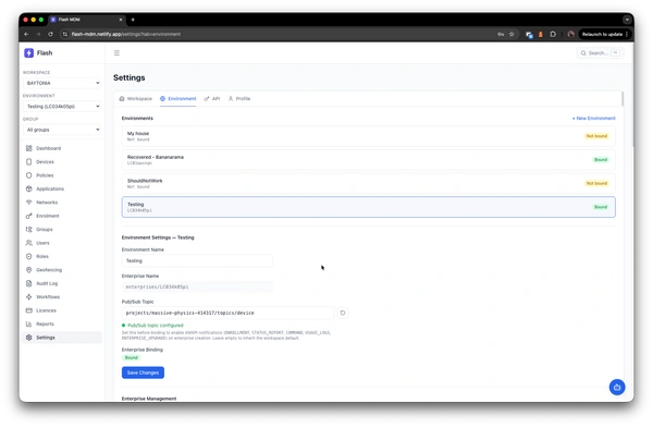 Environment settings with AMAPI enterprise binding, PubSub configuration