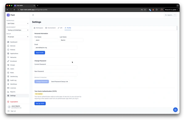 Profile settings with personal information, password change, and TOTP two-factor authentication